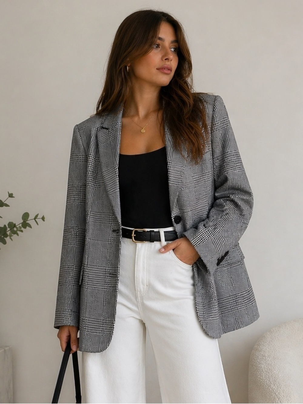 Maje Black White Plaid Blazer Tailored Single Button Structured Jacket 36
